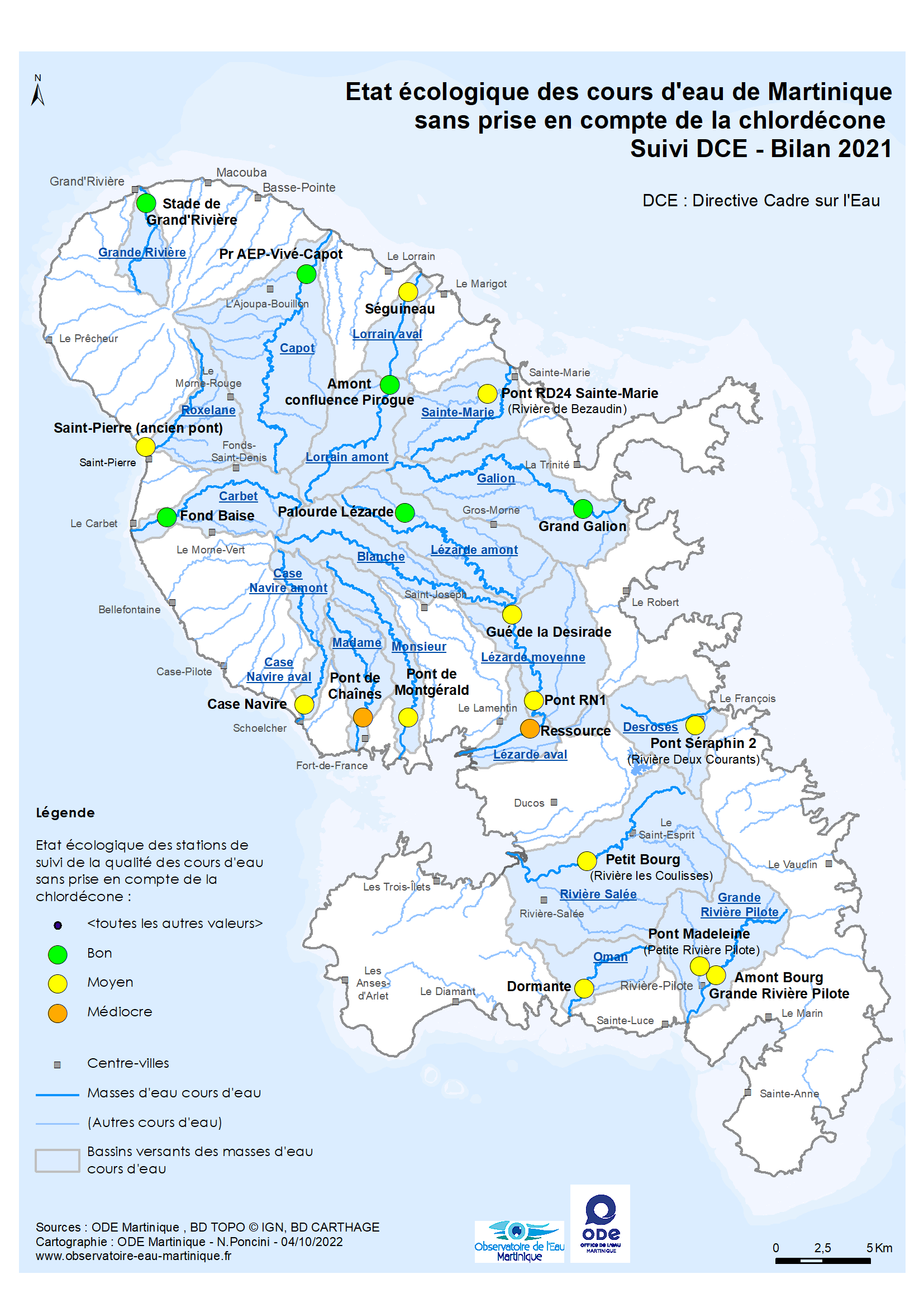 Etat écologique des cours d'eau de Martinique sans prise en compte de la chlordécone - Suivi DCE - Bilan 2019-2021