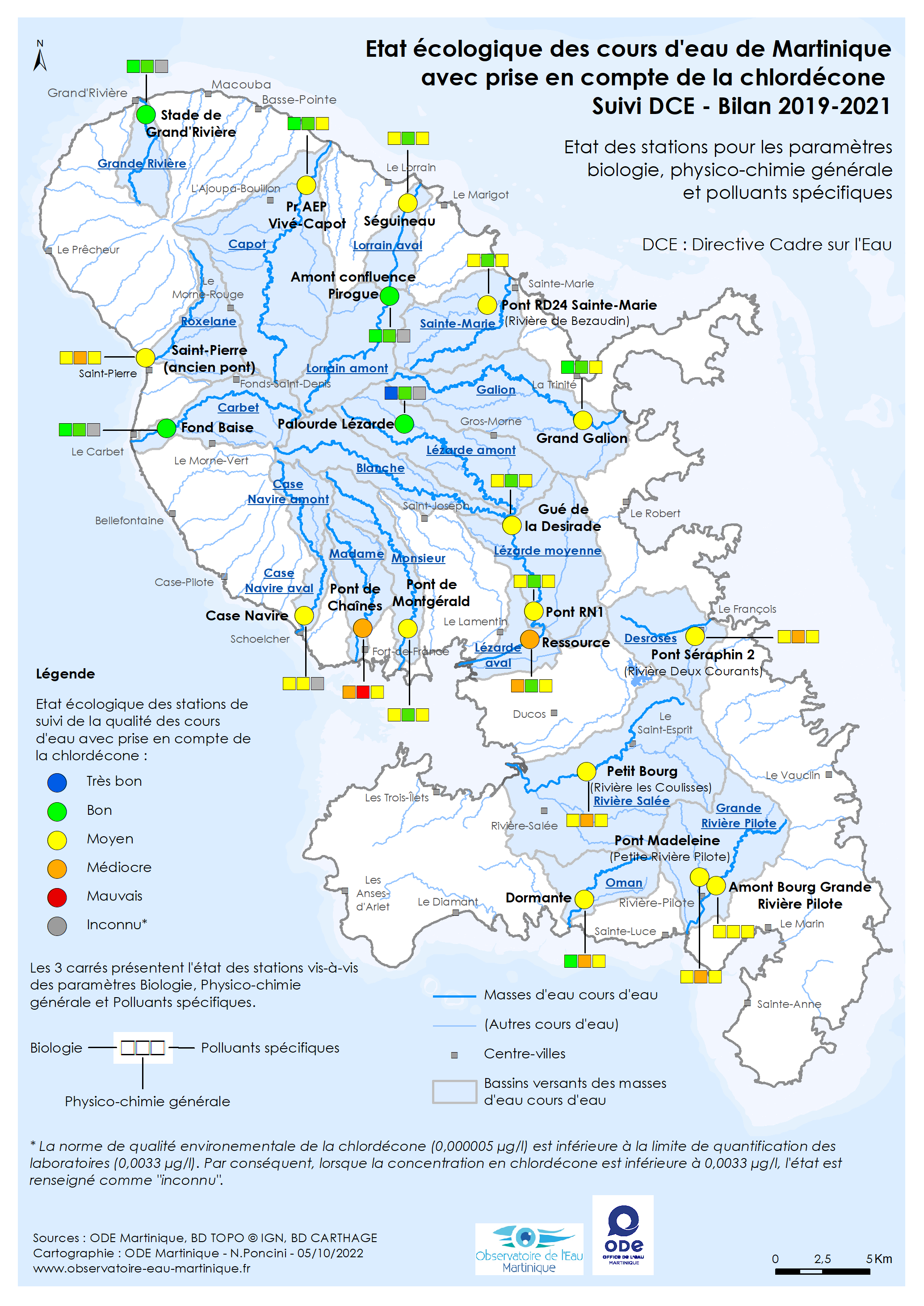 Etat écologique des cours d'eau de Martinique avec prise en compte de la chlordécone - Suivi DCE - Bilan 2019-2021