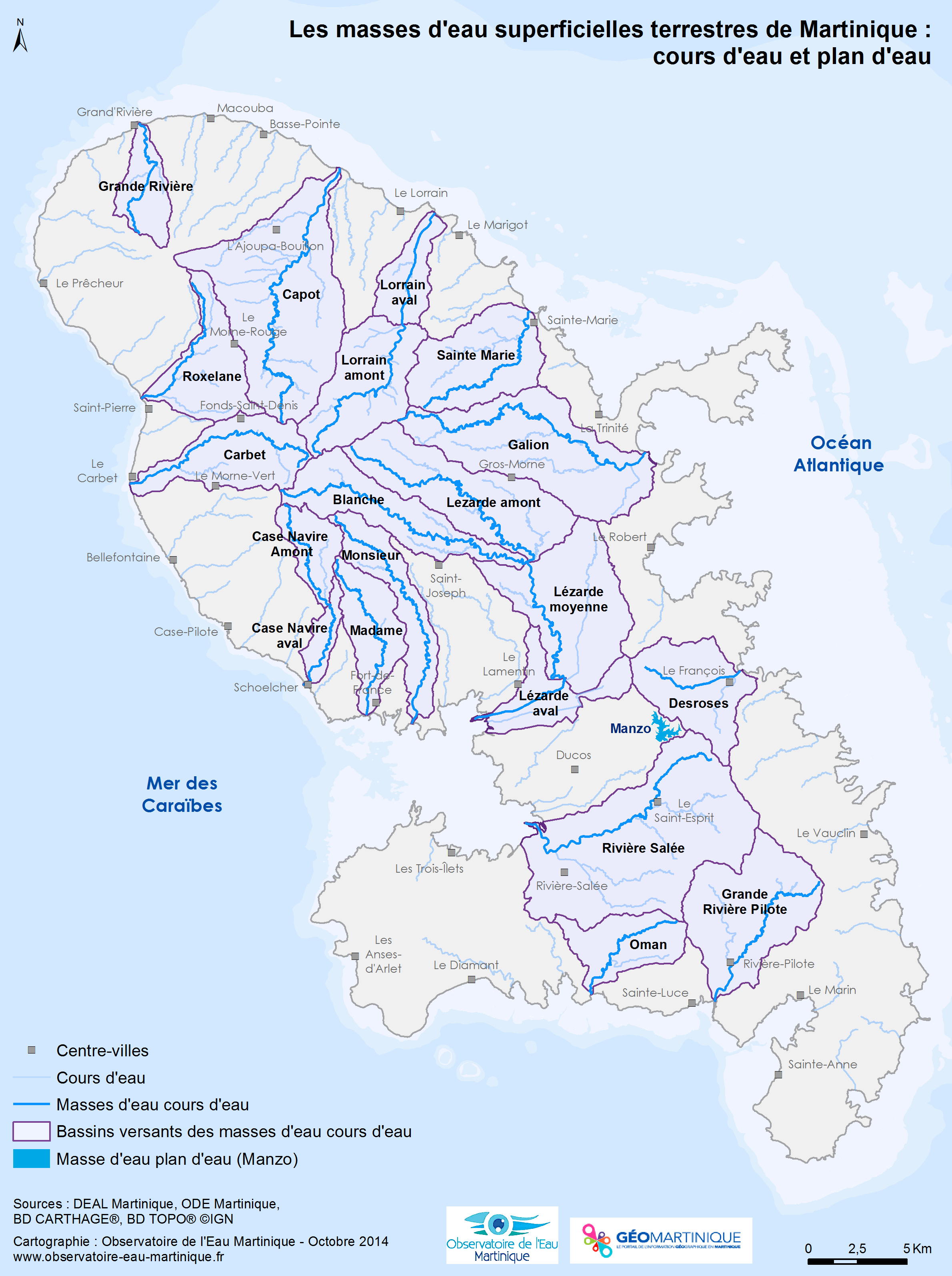 Masses d'eau superficielles terrestres de Martinique : cours d'eau et plan d'eau