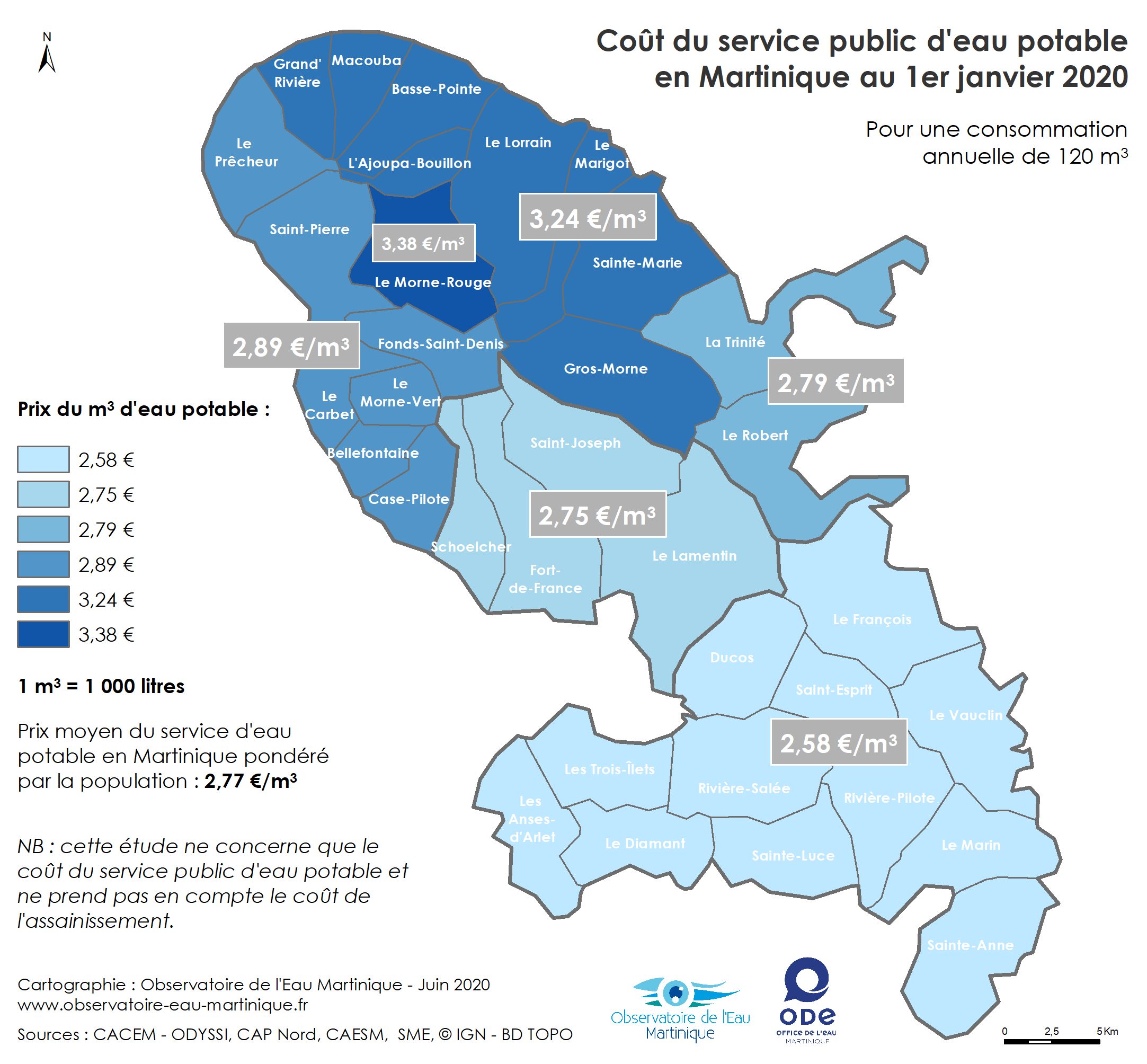 Coût du service public d'eau potable en Martinique au 1er janvier 2020 