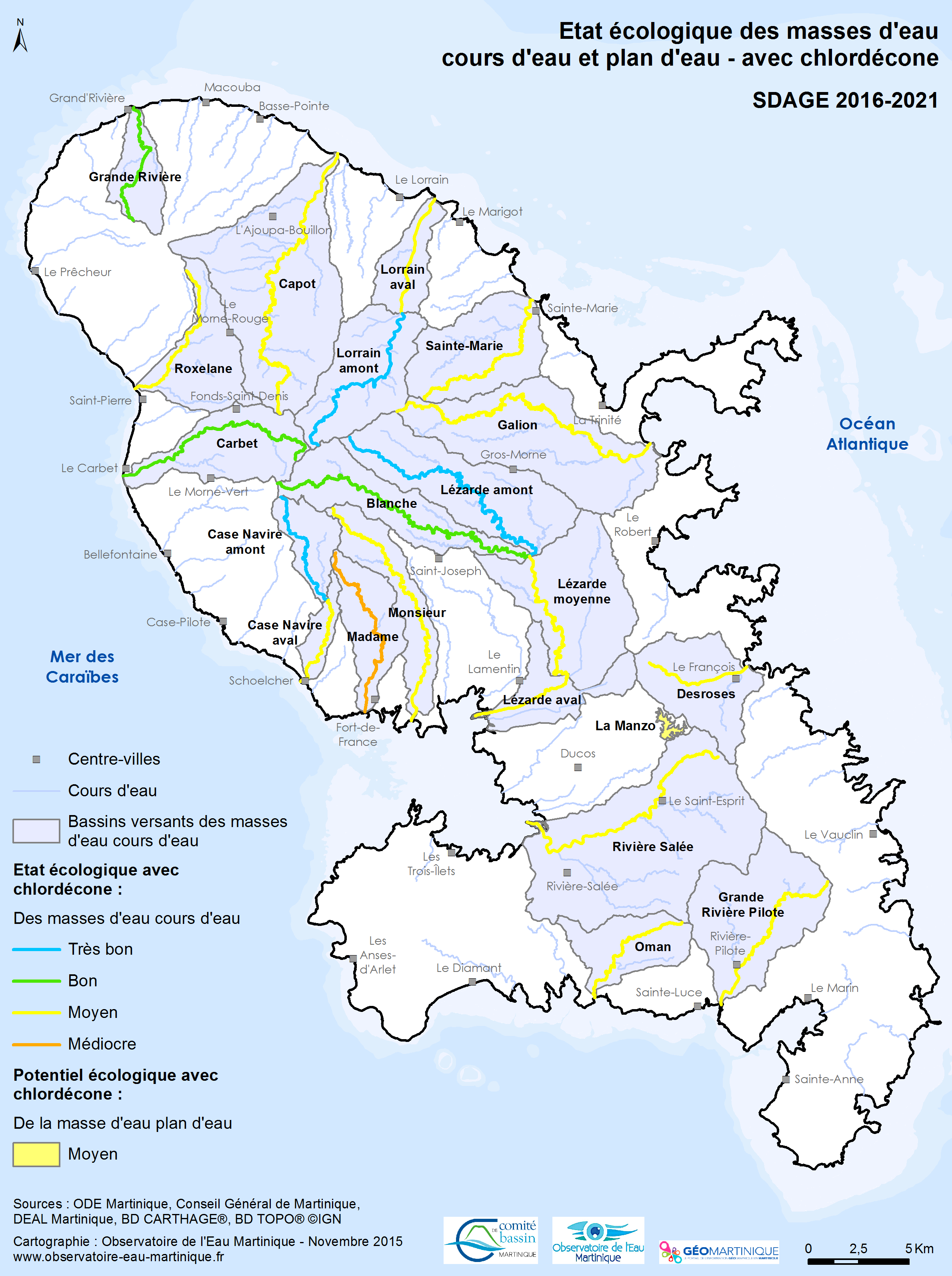 SDAGE 2016-2021 - Etat écologique des masses d'eau cours d'eau et plan d'eau avec chlordécone