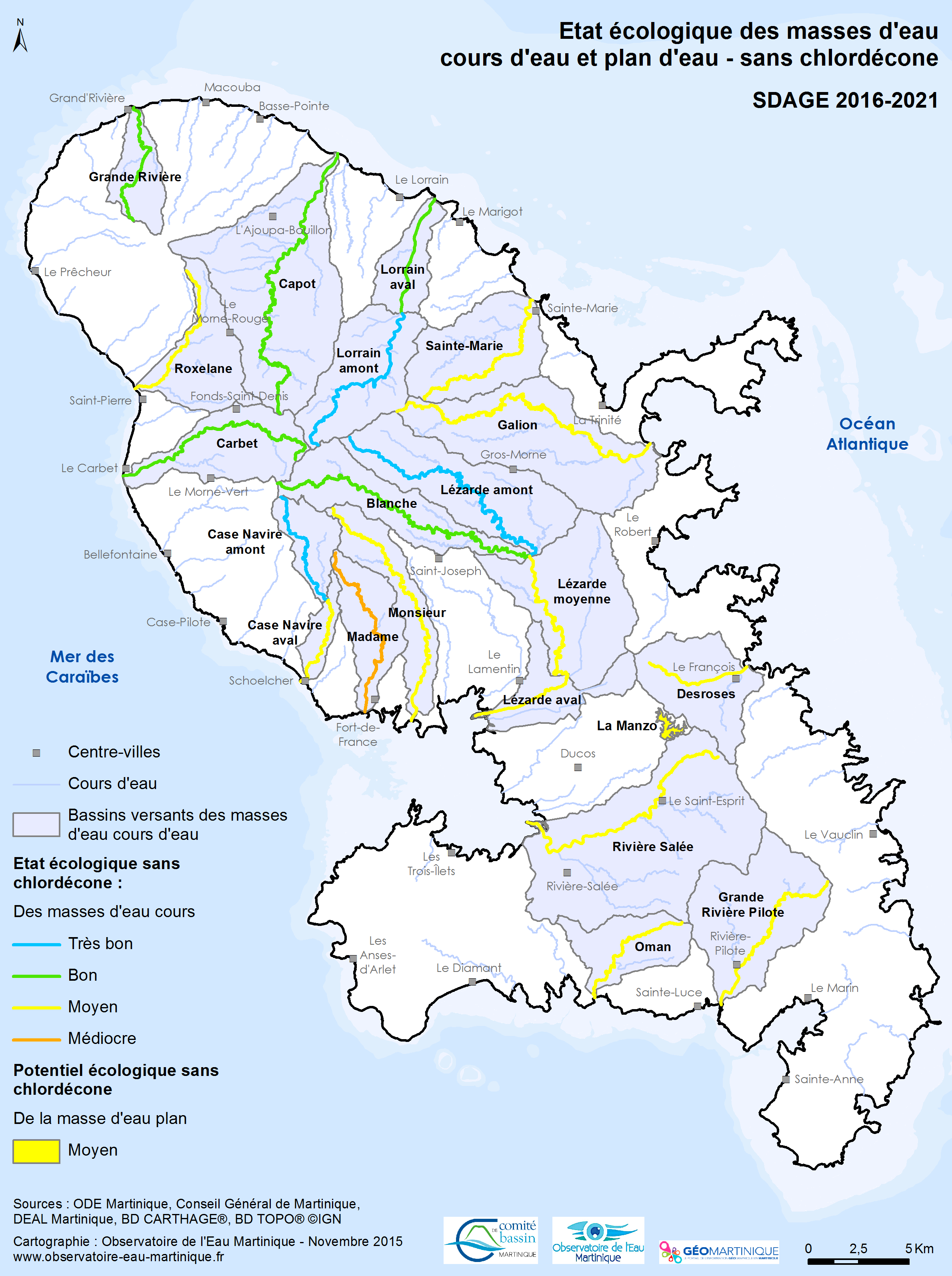 SDAGE 2016-2021 - Etat écologique des masses d'eau cours d'eau et plan d'eau sans chlordécone
