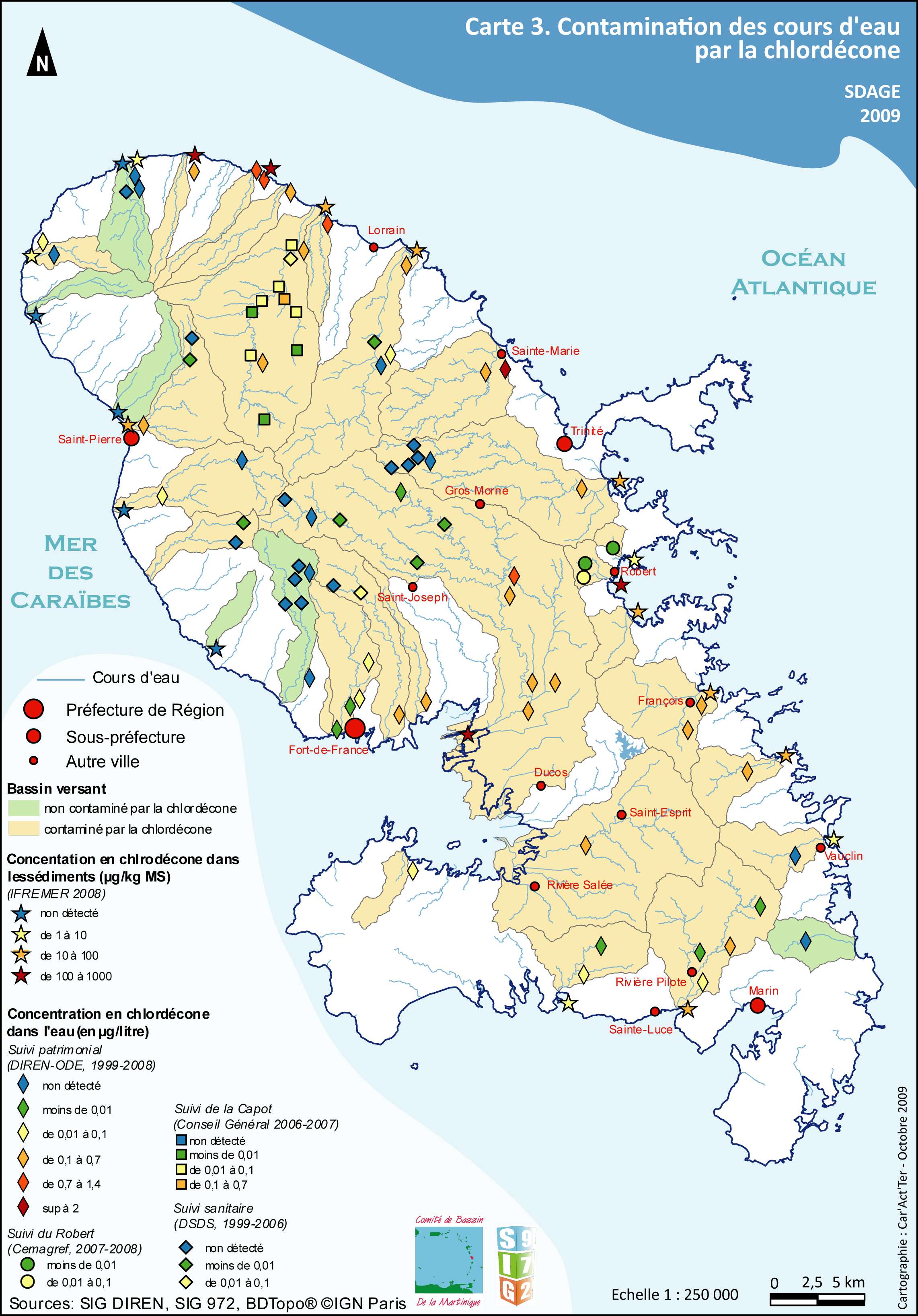SDAGE 2010-2015 - Carte 03- Contamination des cours d'eau par la chlordécone