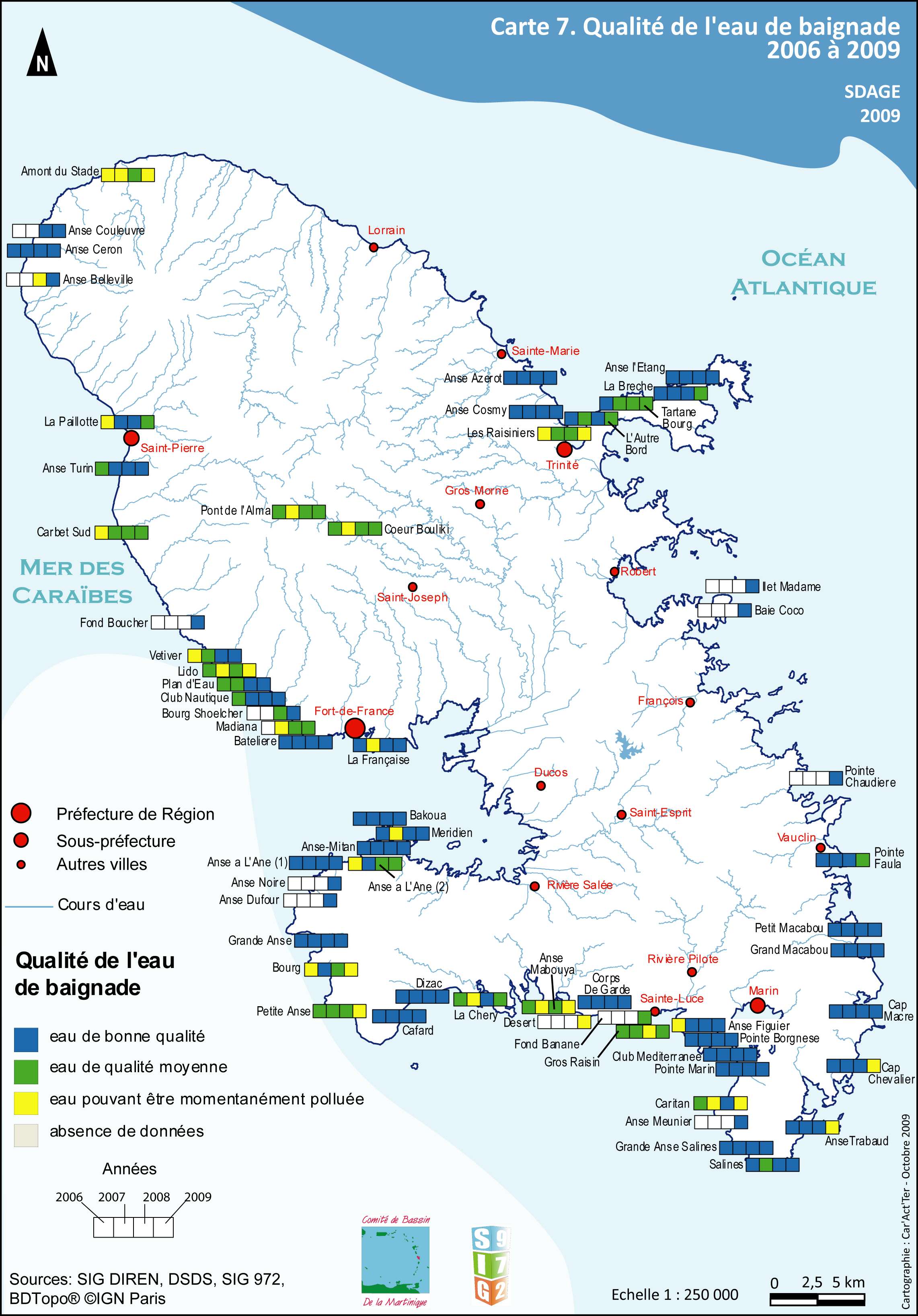 SDAGE 2010-2015 - Carte 07- Qualité des eaux de baignade de 2006 à 2009