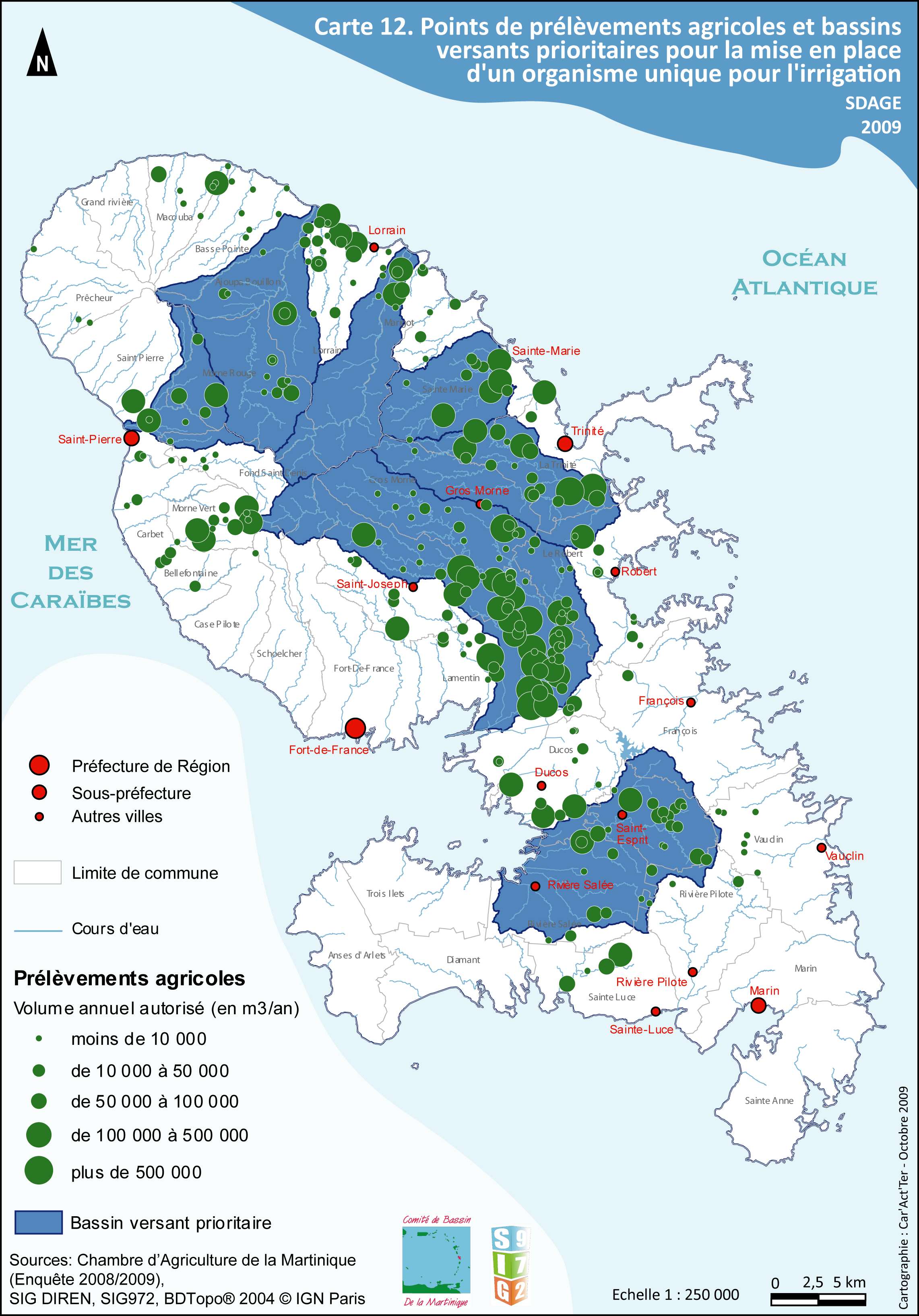 SDAGE 2010-2015 - Carte 12- Points de prélèvements agricoles et bv prioritaires pour la mise en place d'un organisme unique pour l'irrigation