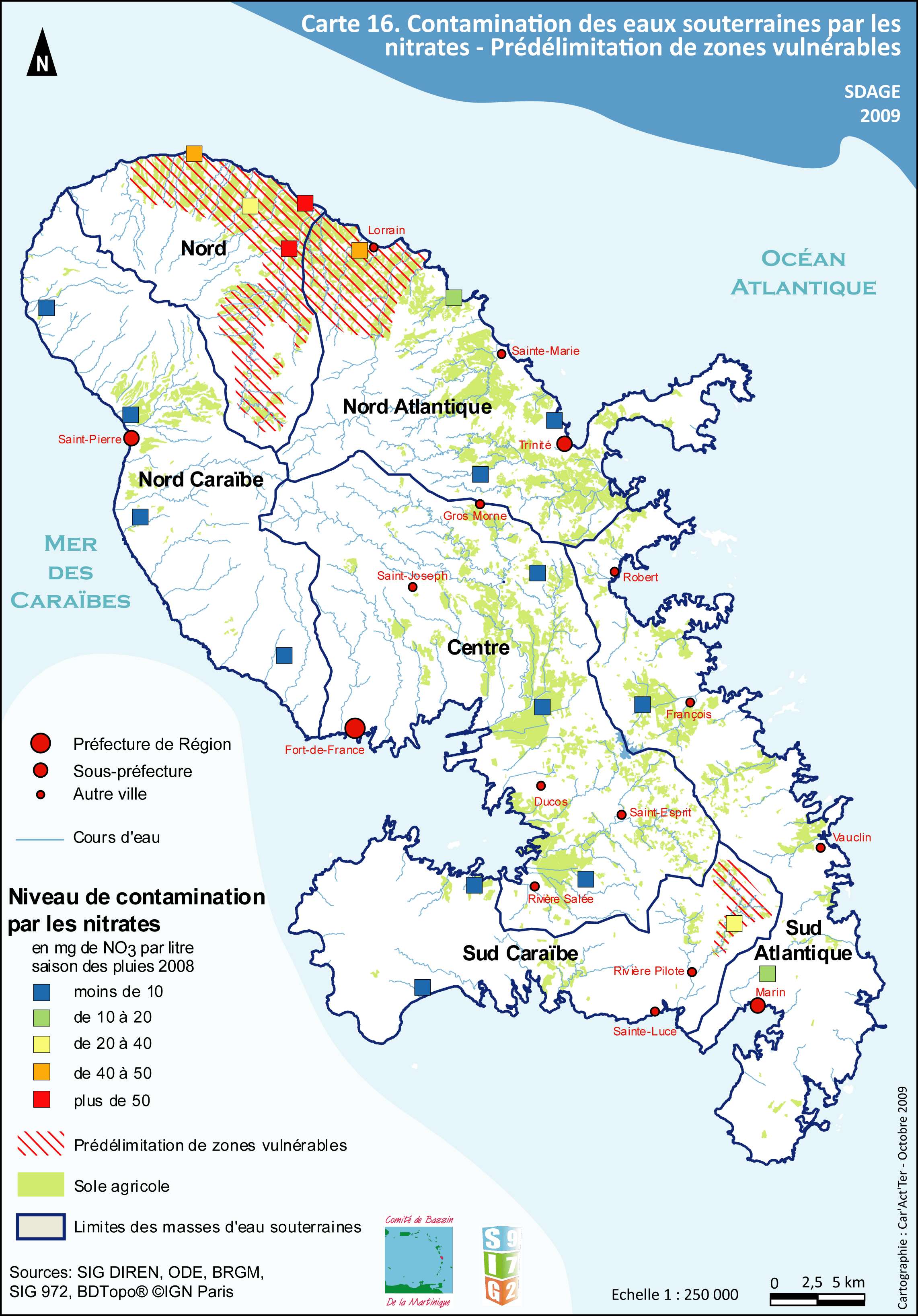 SDAGE 2010-2015 - Carte 16- Contamination des eaux souterraines par les nitrates - Prédélimitation de zones vulnérables