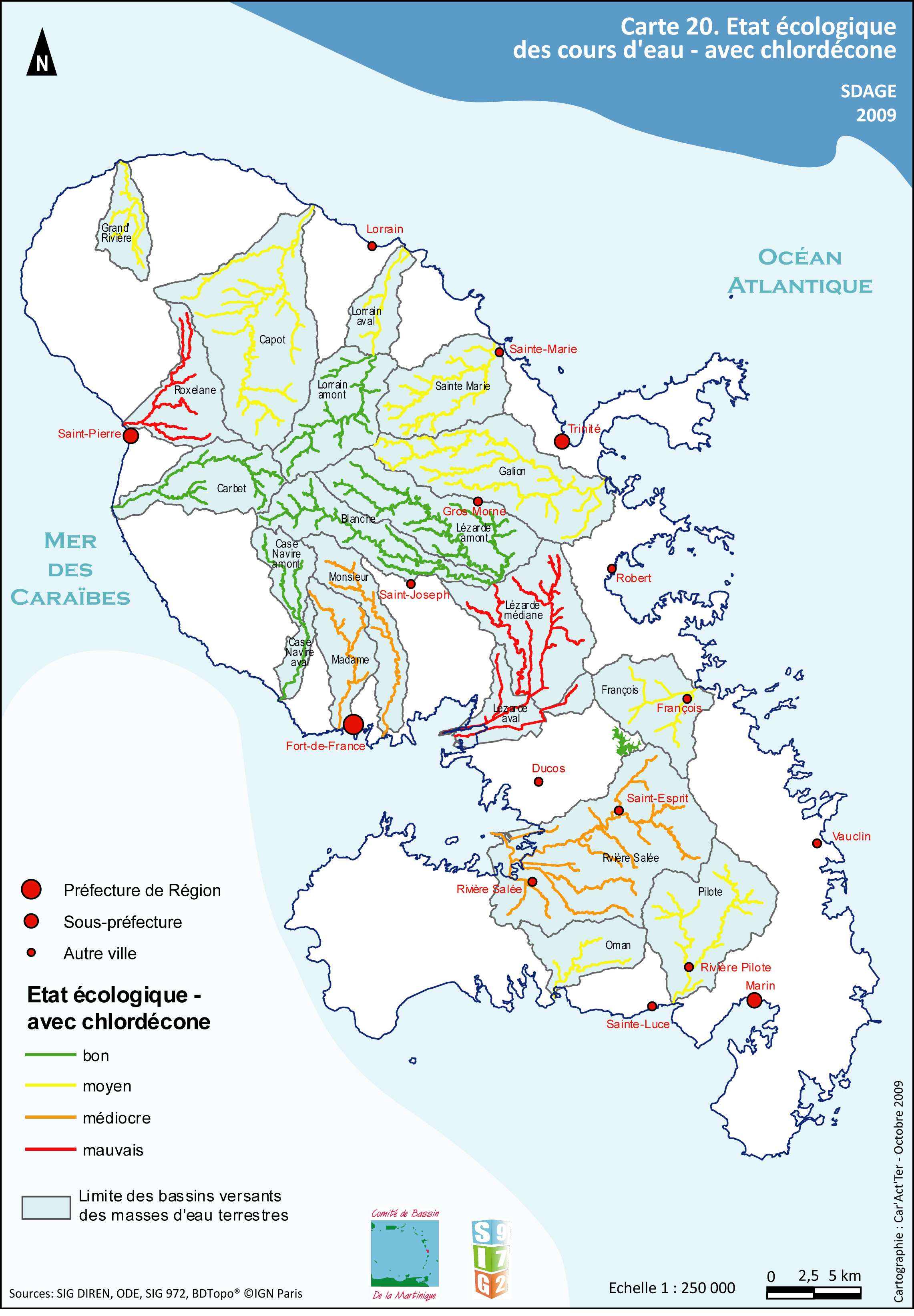 SDAGE 2010-2015 - Carte 20- Etat écologique des cours d'eau avec chlordécone 