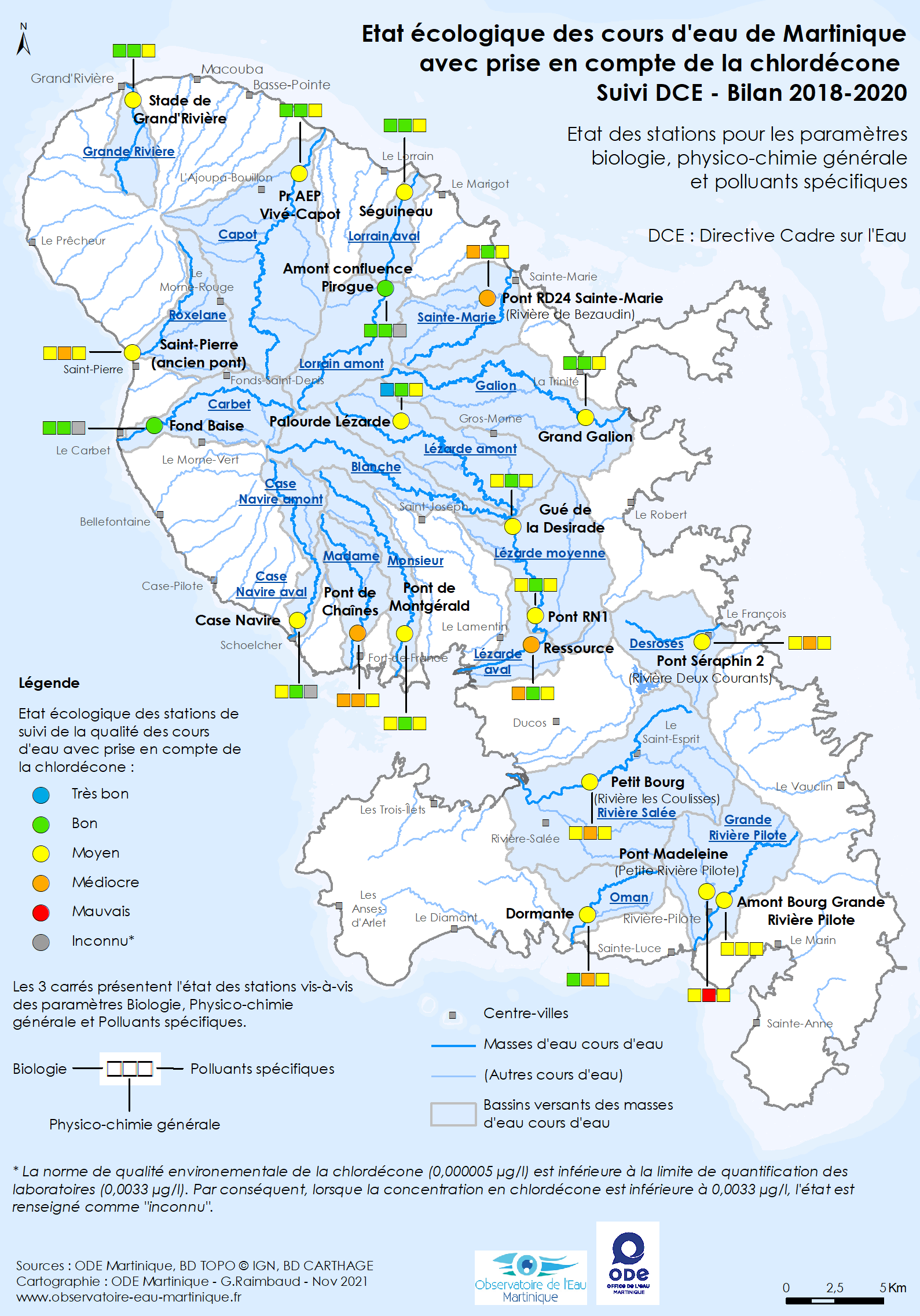 Etat écologique des cours d'eau de Martinique avec prise en compte de la chlordécone - Suivi DCE - Bilan 2018-2020