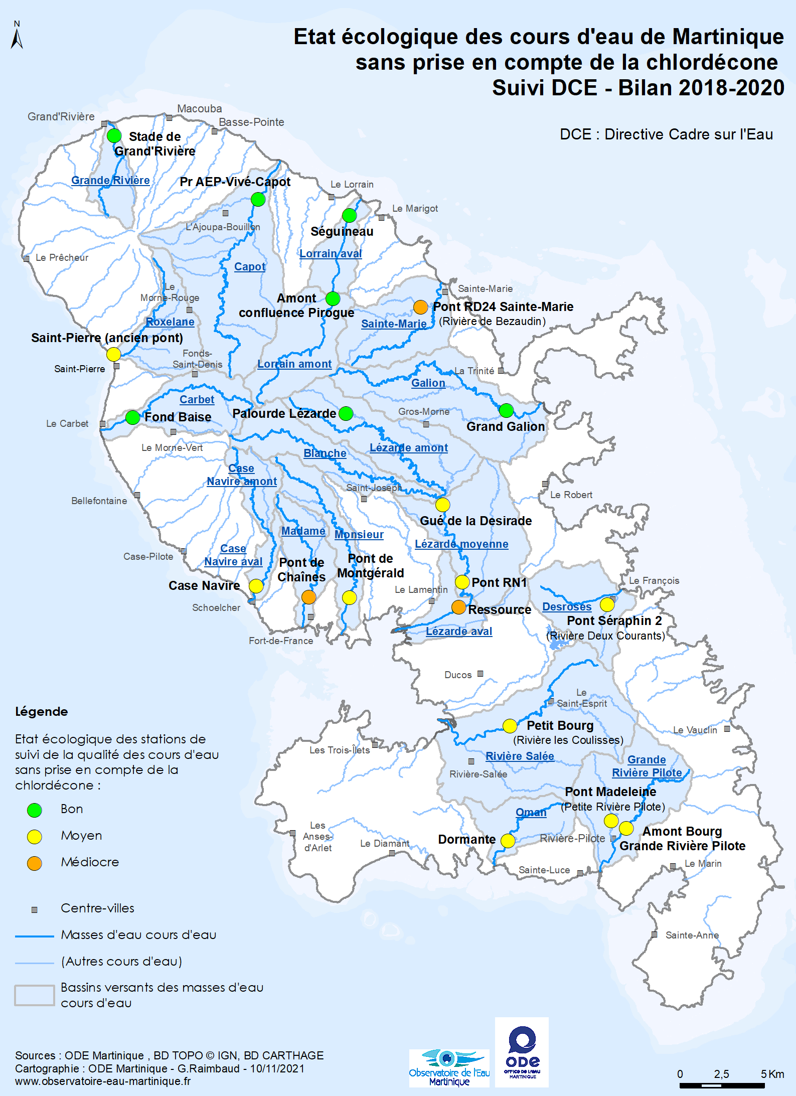 Etat écologique des cours d'eau de Martinique sans prise en compte de la chlordécone - Suivi DCE - Bilan 2018-2020