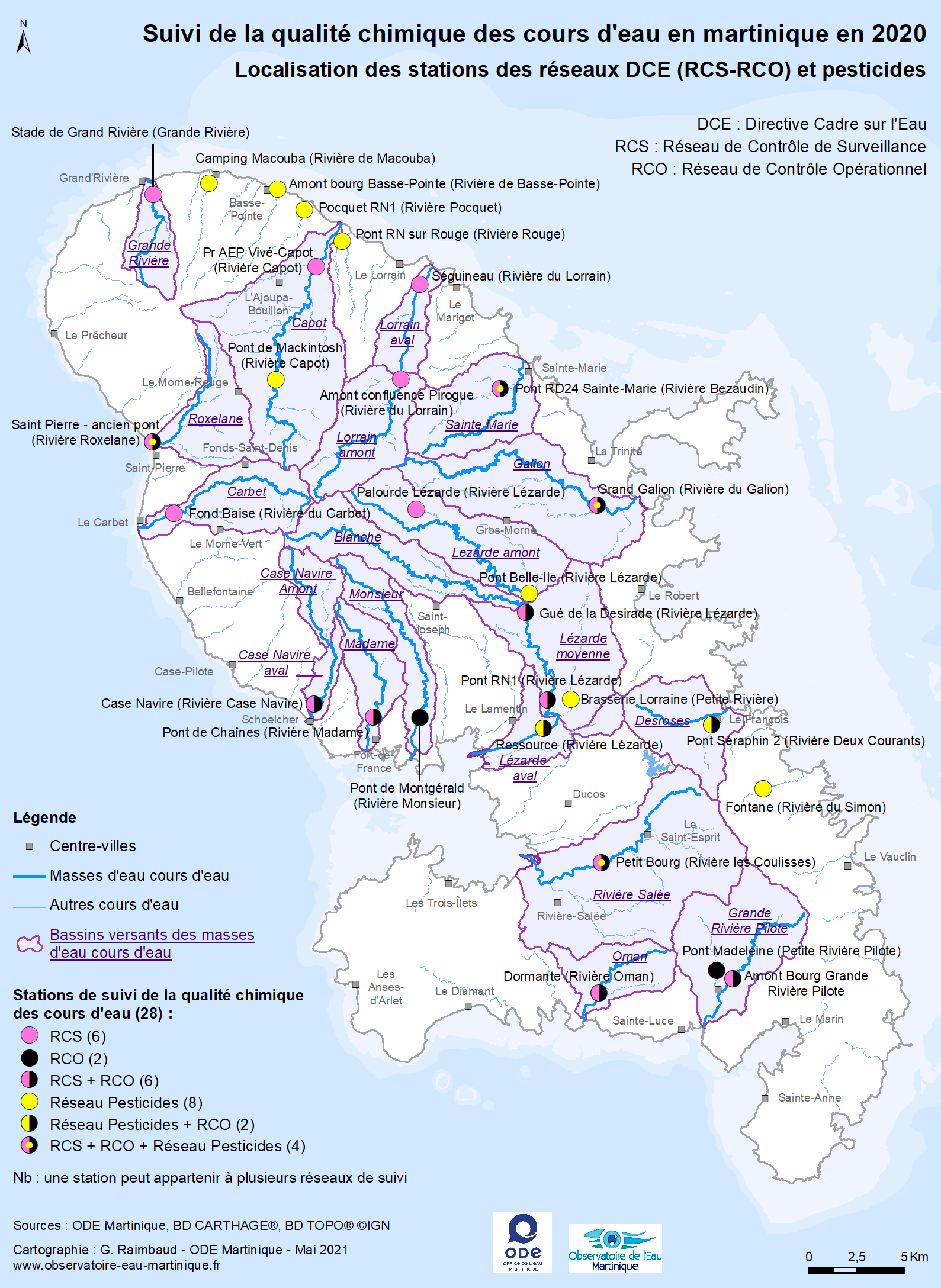 Suivi de la qualité chimique des cours d'eau en Martinique en 2020 - Localisation des stations