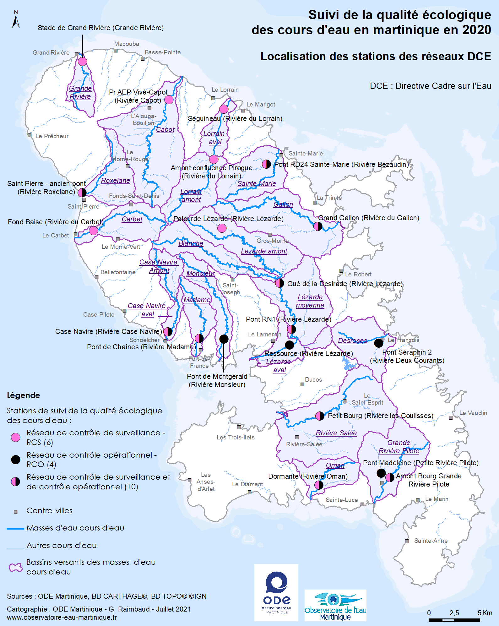 Suivi de la qualité écologique des cours d'eau en Martinique en 2020 - Localisation des stations