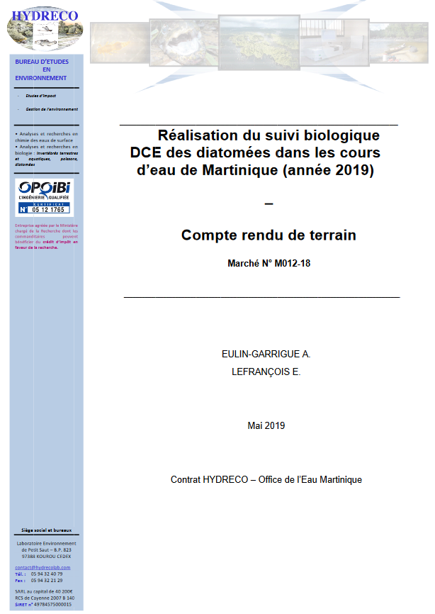 Réalisation du suivi biologique DCE des diatomées dans les cours d'eau de Martinique, année 2019 - Compte rendu de terrain