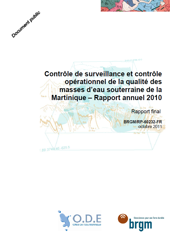 Contrôle de surveillance et contrôle opérationnel de la qualité des masses d’eau souterraine de la Martinique – Rapport annuel 2010