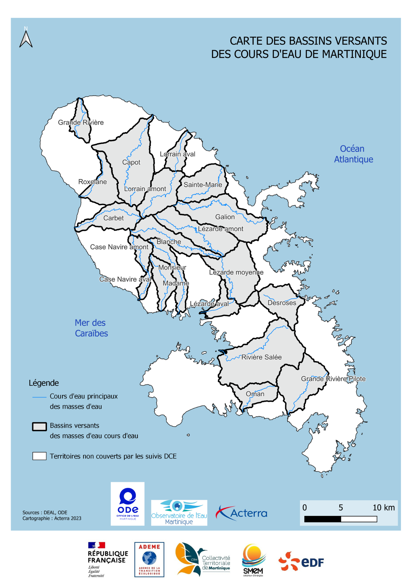 Carte des bassins versants des cours d'eau de Martinique